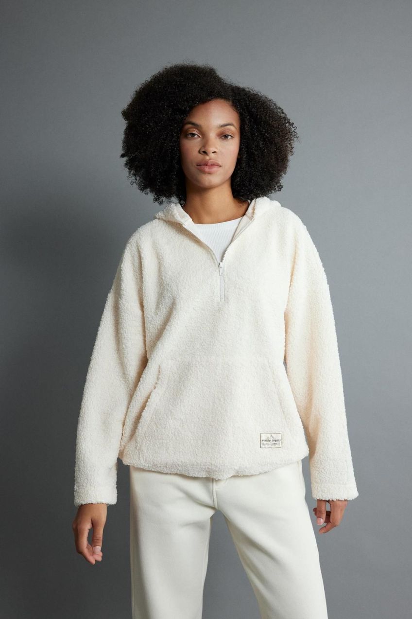 DEFACTO Oversize Fit Hooded Kangaroo Pocket Half Zipper Plush Sweatshirt