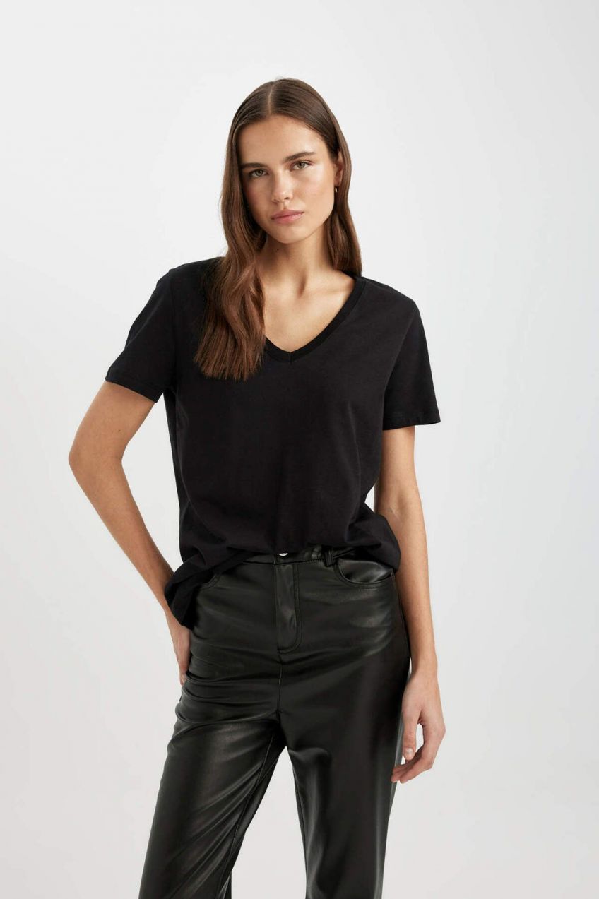 DEFACTO Regular Fit V Neck Short Sleeve 100% Cotton T-Shirt