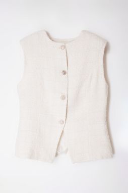 Trendyol Ecru Regular Tweed Round Crew Neck Woven Vest