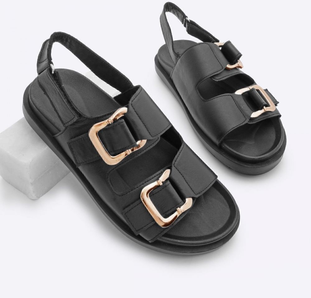 Marjin Women's Genuine Leather Gold Buckle Scarf Double Strap Casual Sandals Risay Black