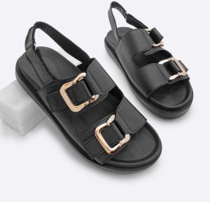 Marjin Women's Genuine Leather Gold Buckle Scarf Double Strap Casual Sandals Risay Black