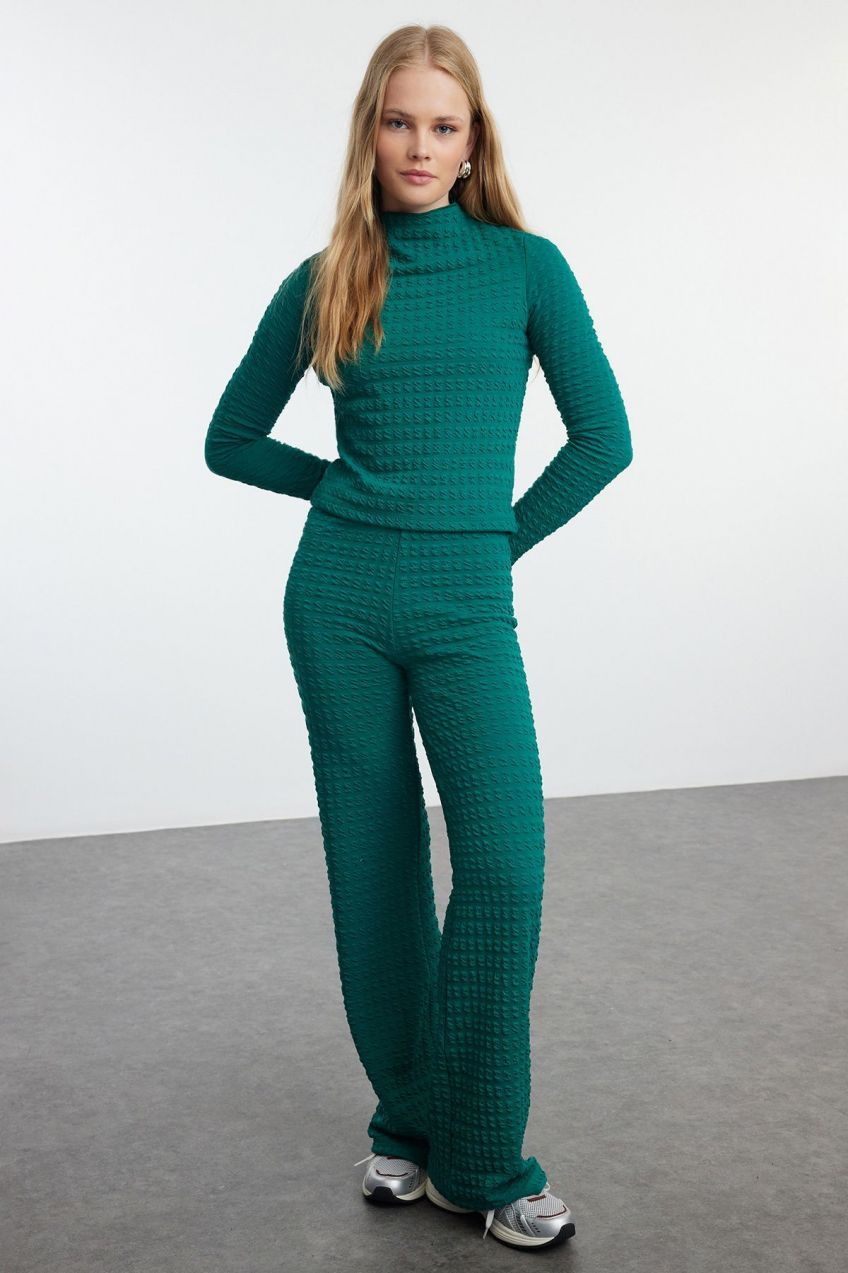 Trendyol Emerald Green Textured Fitted Long Sleeve Stretchy Knitted Bottom-Top Set