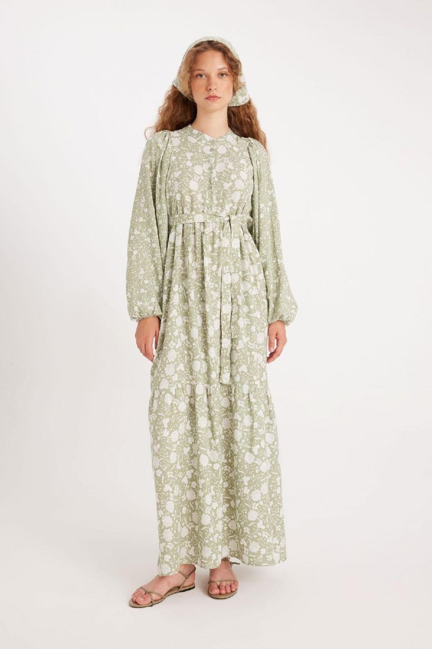 Manuka x DeFacto Mandarin Collar Printed Long Sleeve Dress