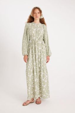 Manuka x DeFacto Mandarin Collar Printed Long Sleeve Dress