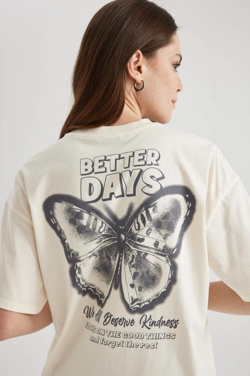 DEFACTO Oversize Fit Crew Neck Back Printed Short Sleeve T-Shirt