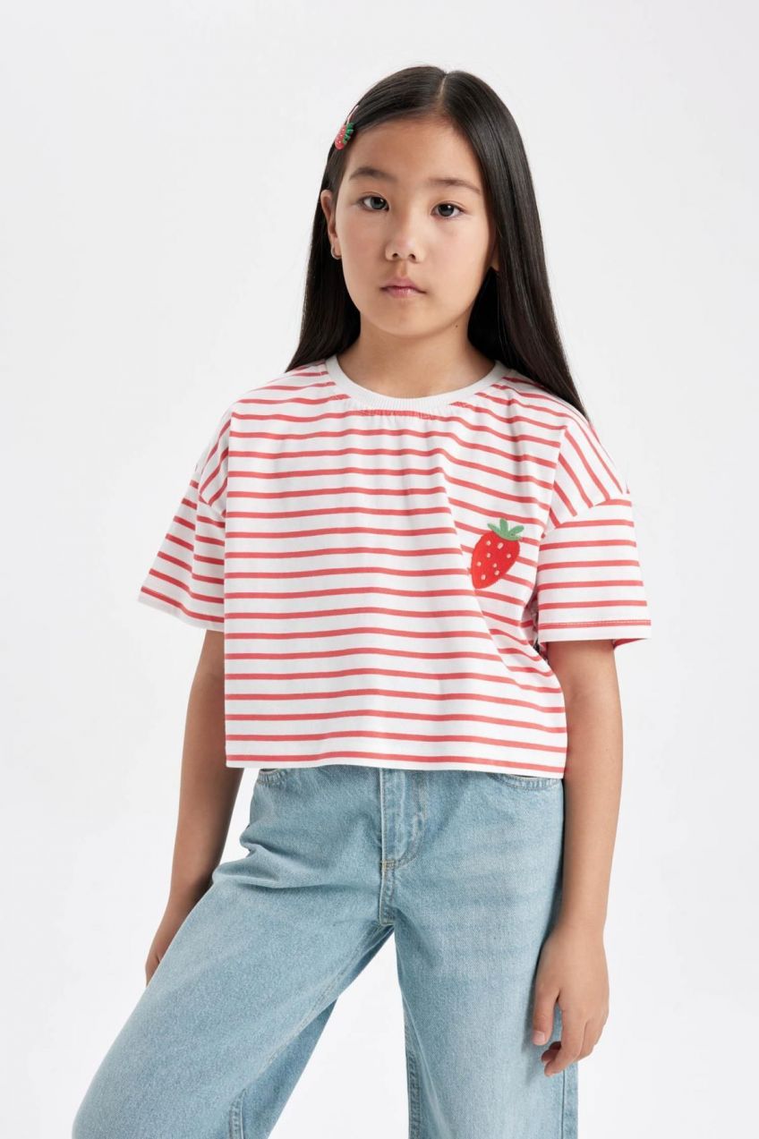 DEFACTO Girl's Crew Neck Striped Short Sleeve T-Shirt