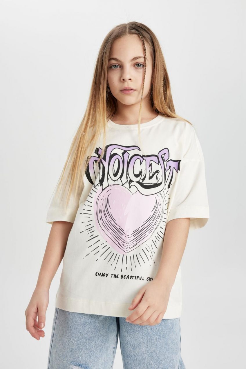 DEFACTO Girls Oversize Fit Printed Short Sleeve T-Shirt