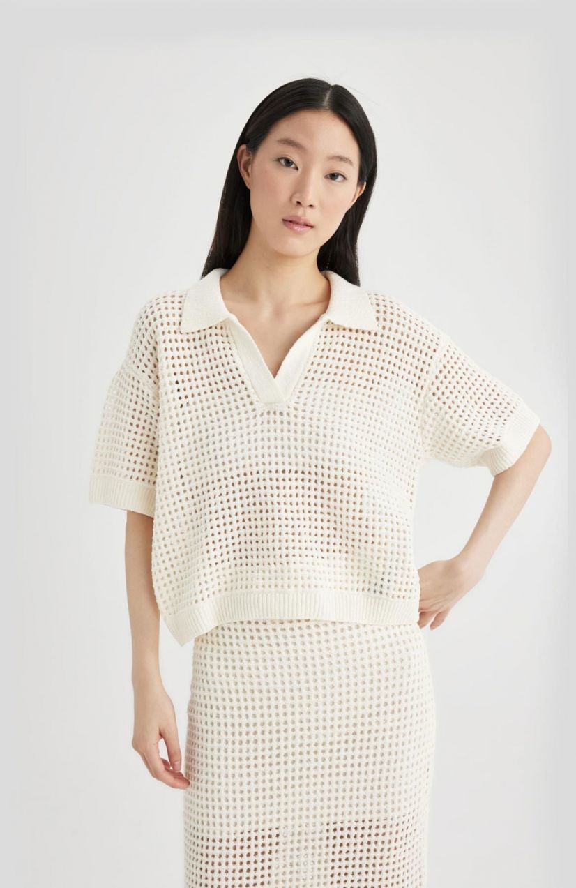 DEFACTO Relax Fit Polo Neck Openwork Short Sleeve Knitted T-Shirt