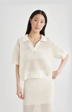 DEFACTO Relax Fit Polo Neck Openwork Short Sleeve Knitted T-Shirt
