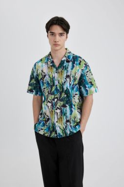 DEFACTO Oversize Fit Cropped Collar Printed Cotton Short Sleeve Shirt
