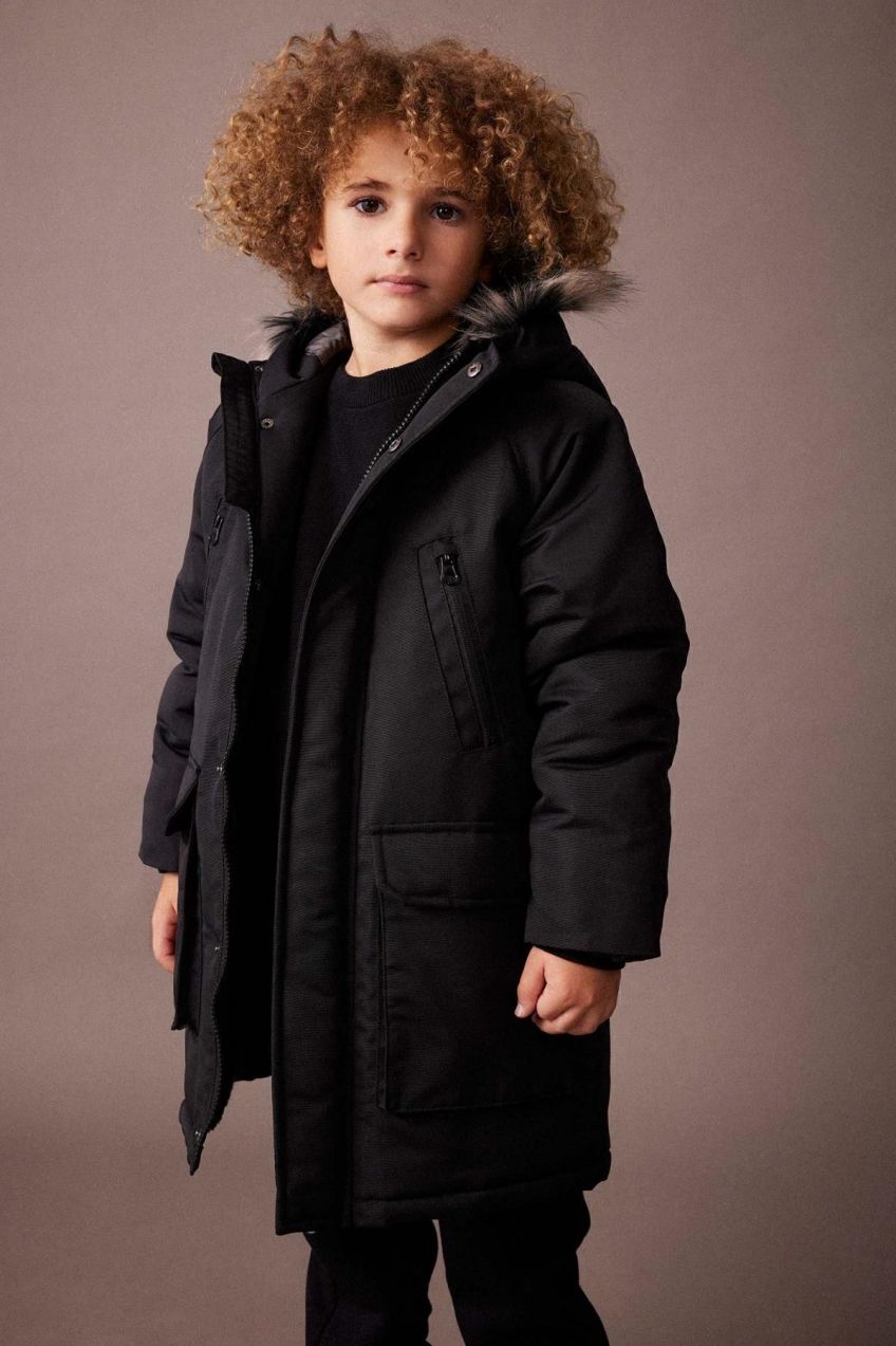 DEFACTO Boy's Hooded Water Repellent Plush Lining Long Coat