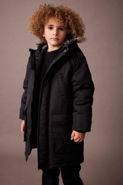 DEFACTO Boy's Hooded Water Repellent Plush Lining Long Coat