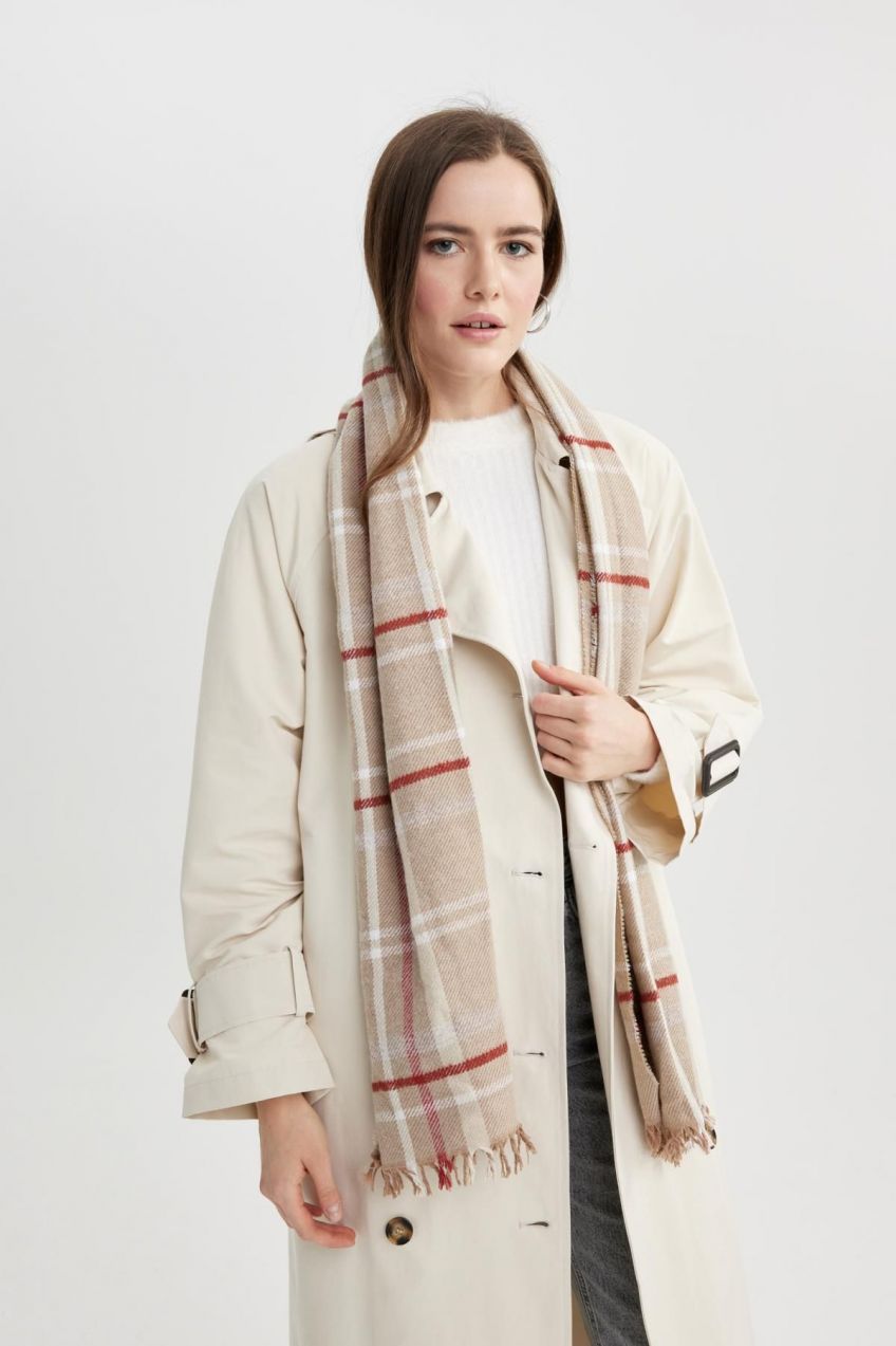 DEFACTO Women's Checkered Tasseled Knitwear Scarf