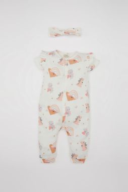 DEFACTO Baby Girl Newborn Dinosaur Patterned Waffle Overalls Bandana 2-Piece Set