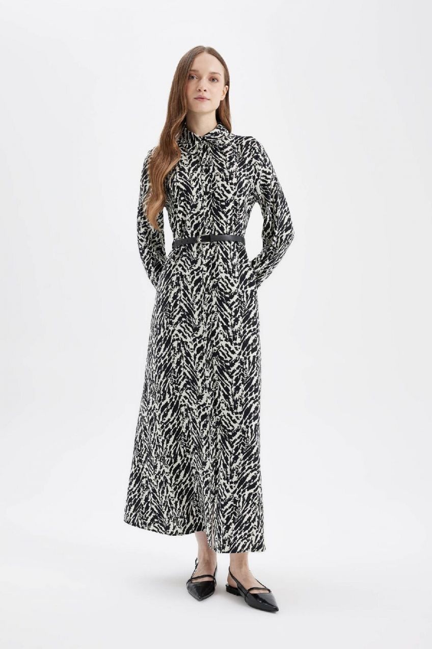 DEFACTO Shirt Collar Printed Long Sleeve Dress