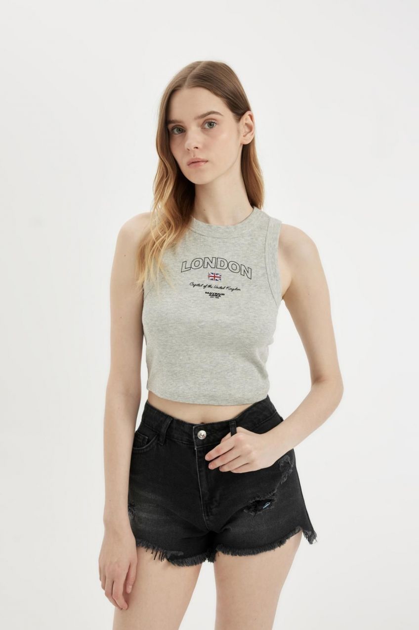 DEFACTO Fitted Printed Crew Neck Ribbed Camisole Athlete