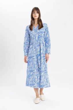 DEFACTO V-Neck Printed Flared Cotton Long Sleeve Dress