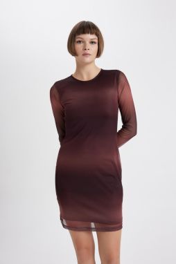 DEFACTO Bodycon Round Neck Tie Dye Mesh Mini Long Sleeve Dress