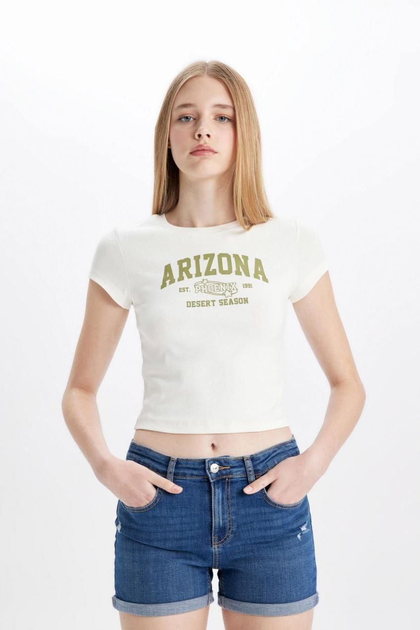 DEFACTO Fitted Crew Neck Printed Ribbed Short Sleeve T-Shirt