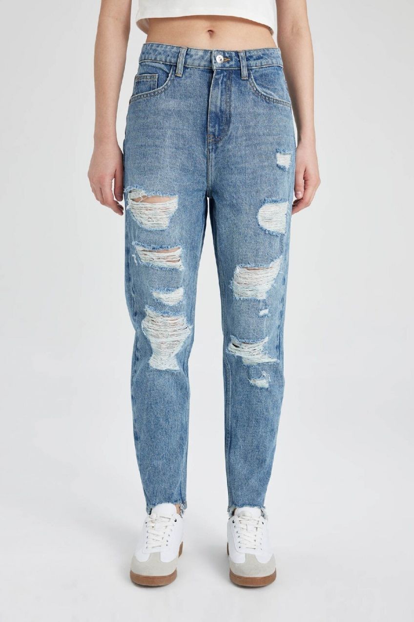 DEFACTO Mom Fit Ripped Detail High Waist Ankle Length Jean Washed Trousers