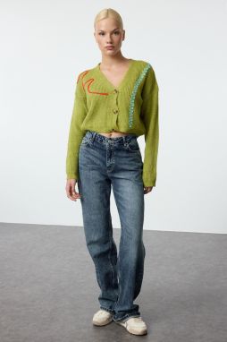 Trendyol Green Embroidery Detailed V Neck Knitwear Cardigan