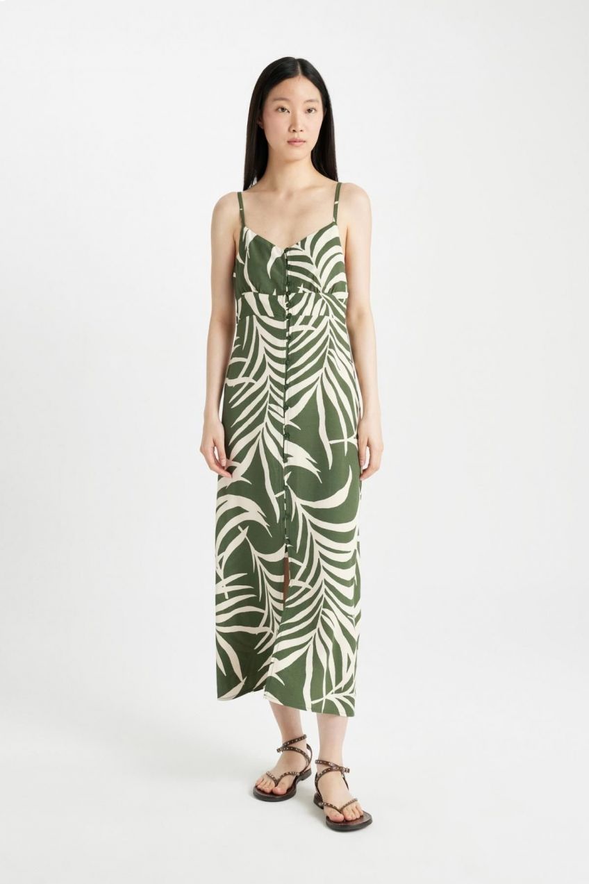 DEFACTO Sweetheart Neckline Ethnic Patterned Moroccan Strap Midi Dress
