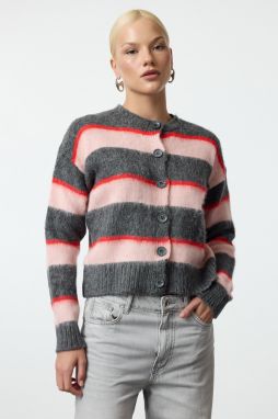 Trendyol Anthracite Color Block Crew Neck Knitwear Cardigan