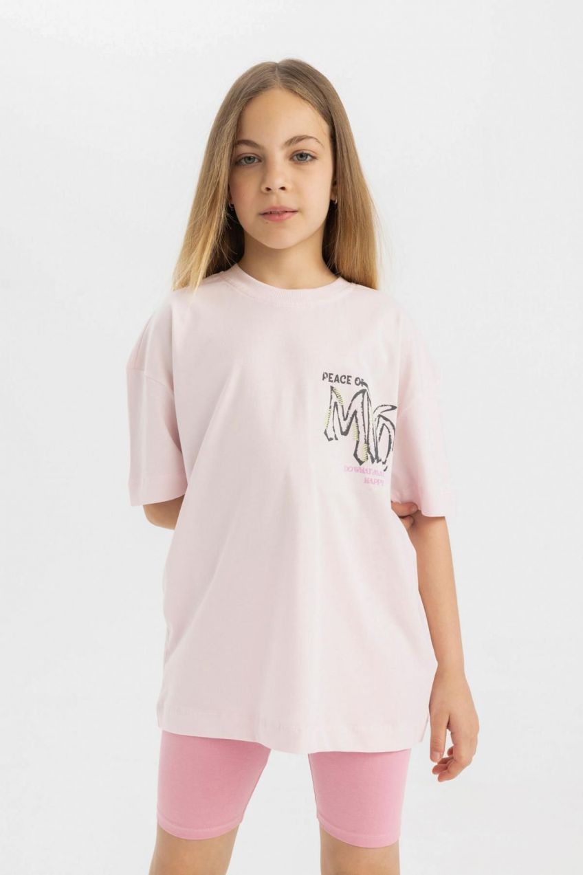 DEFACTO Girl's Oversize Fit Printed Short Sleeve T-Shirt