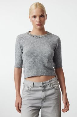 Trendyol Gray Collar Stone Embroidered Soft Textured Knitwear Sweater