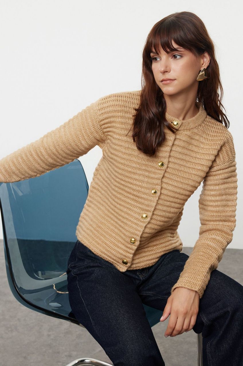 Trendyol Camel Textured Crew Neck Knitwear Cardigan