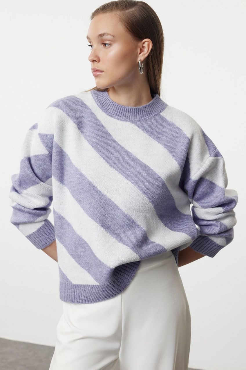 Trendyol Lilac Striped Knitted Sweater