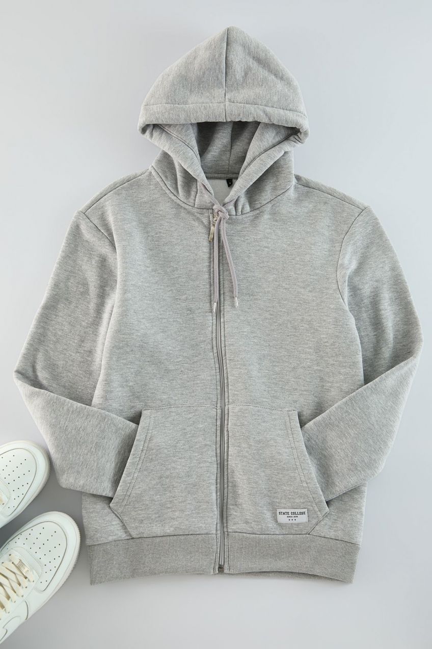 Trendyol Grey Melange Regular Fit Hooded Zippered Label Applique Thick Sweatshirt