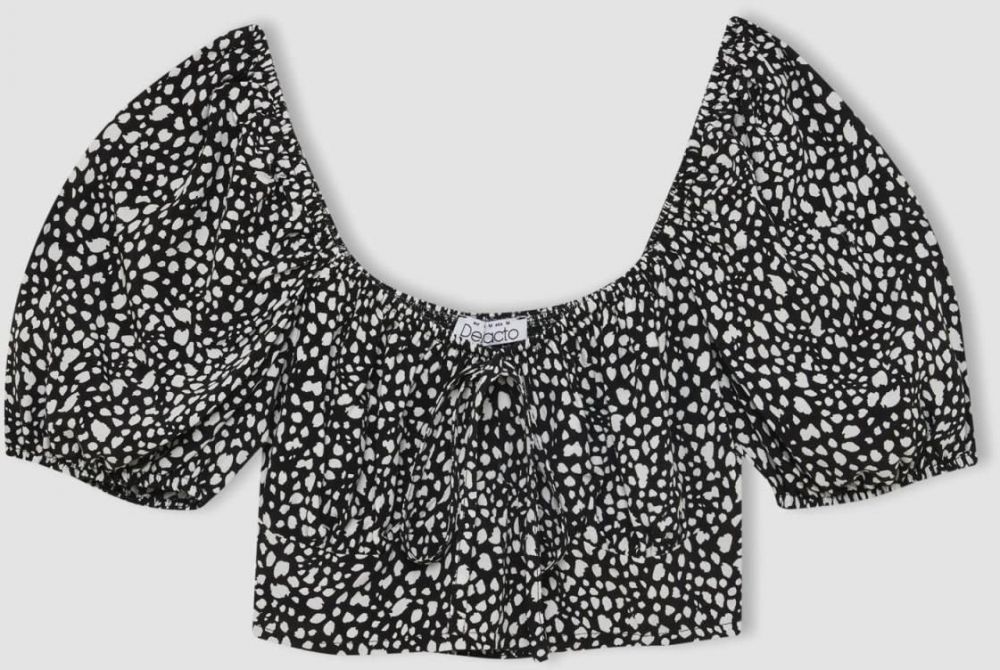 DEFACTO Fitted Round Neck Printed Moroccan Short Sleeve Blouse