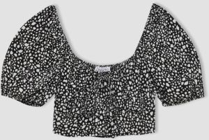 DEFACTO Fitted Round Neck Printed Moroccan Short Sleeve Blouse
