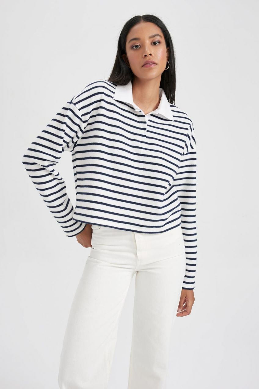 DEFACTO Regular Fit Striped Polo Neck Sweatshirt