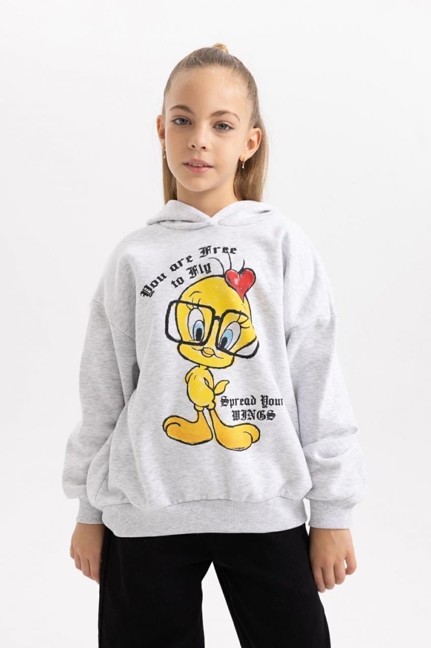 DEFACTO Girl's Looney Tunes Oversize Fit Hooded Soft Fuzzy Thick Sweatshirt