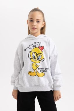 DEFACTO Girl's Looney Tunes Oversize Fit Hooded Soft Fuzzy Thick Sweatshirt