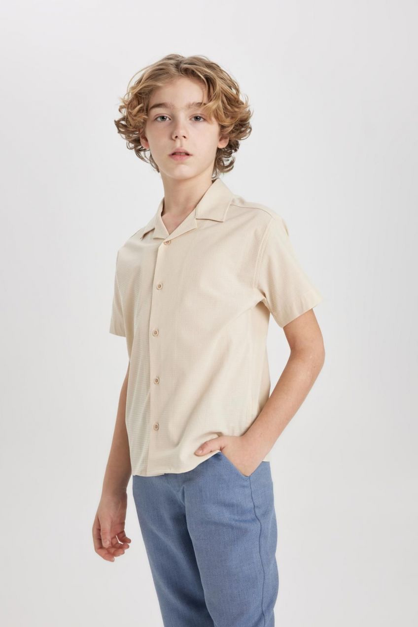 DEFACTO Boy Oversize Fit Polo Collar Seersucker Textured Short Sleeve Shirt