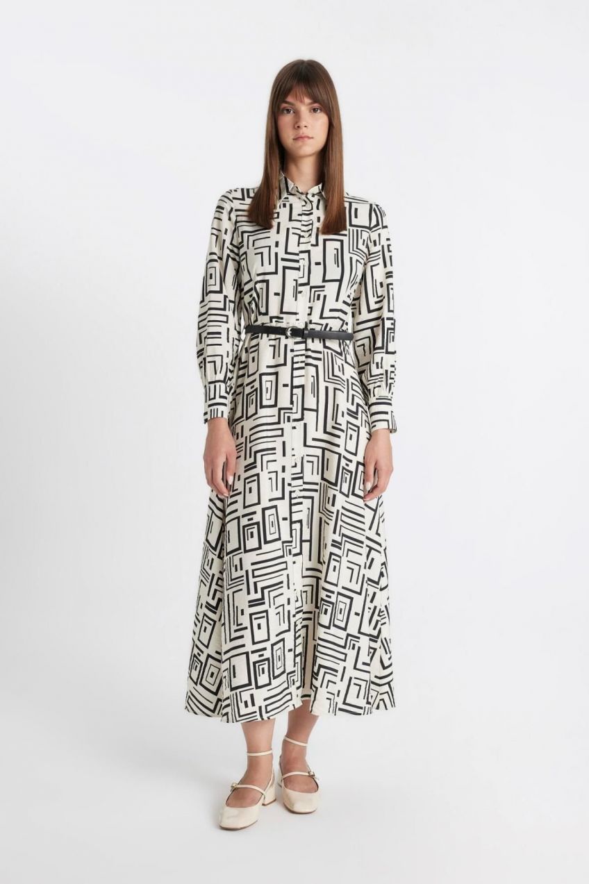 DEFACTO Shirt Collar Printed Long Sleeve Dress