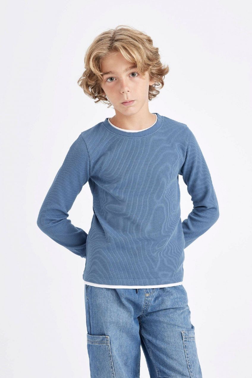 DEFACTO Boy's Crew Neck Waffle Long Sleeve T-Shirt