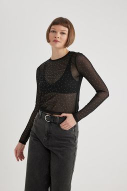 DEFACTO Slim Fit Crew Neck Tulle Long Sleeve T-Shirt