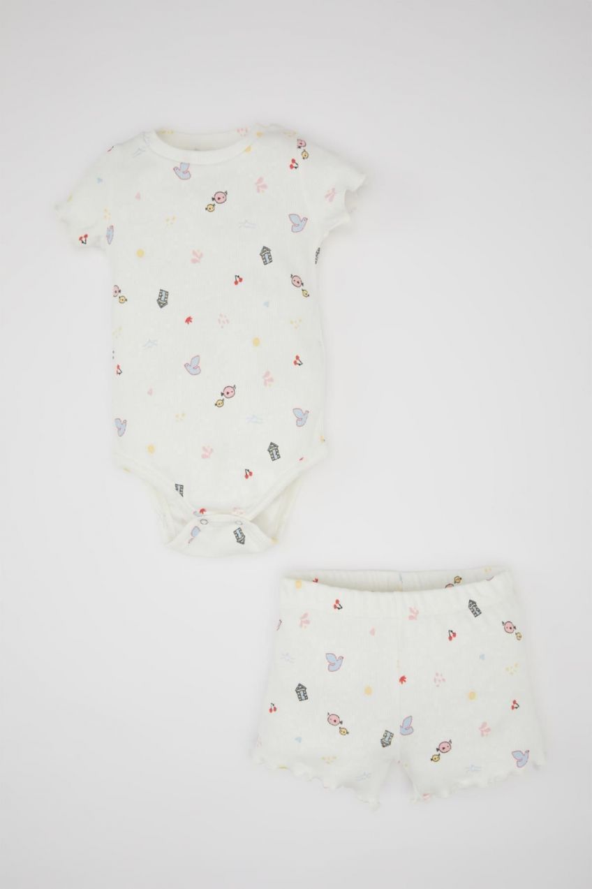 DEFACTO Baby Girl Patterned Ribbed Camisole Short Sleeve Snap Body Shorts 2 Piece Set