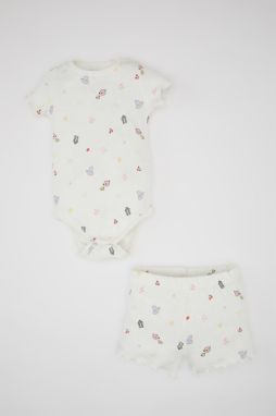 DEFACTO Baby Girl Patterned Ribbed Camisole Short Sleeve Snap Body Shorts 2 Piece Set