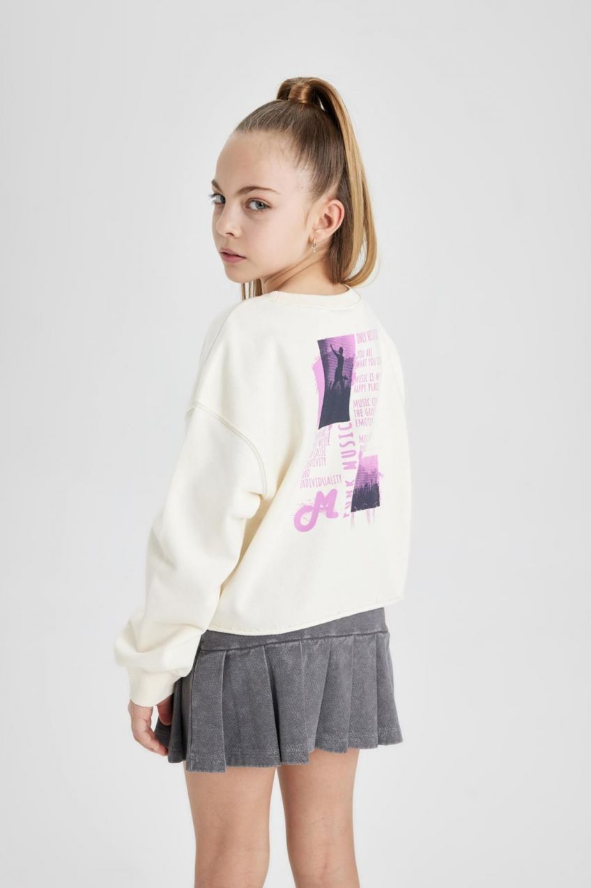 DEFACTO Girls Crop Back Printed Crew Neck Sweatshirt