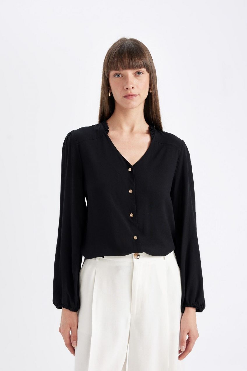 DEFACTO Regular Fit V Neck Casual Long Sleeve Shirt