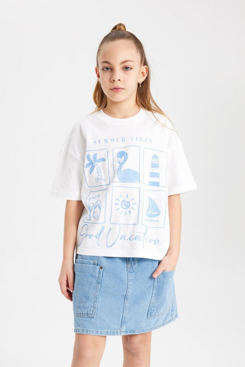 DEFACTO Girls Oversize Fit Printed Short Sleeve T-Shirt