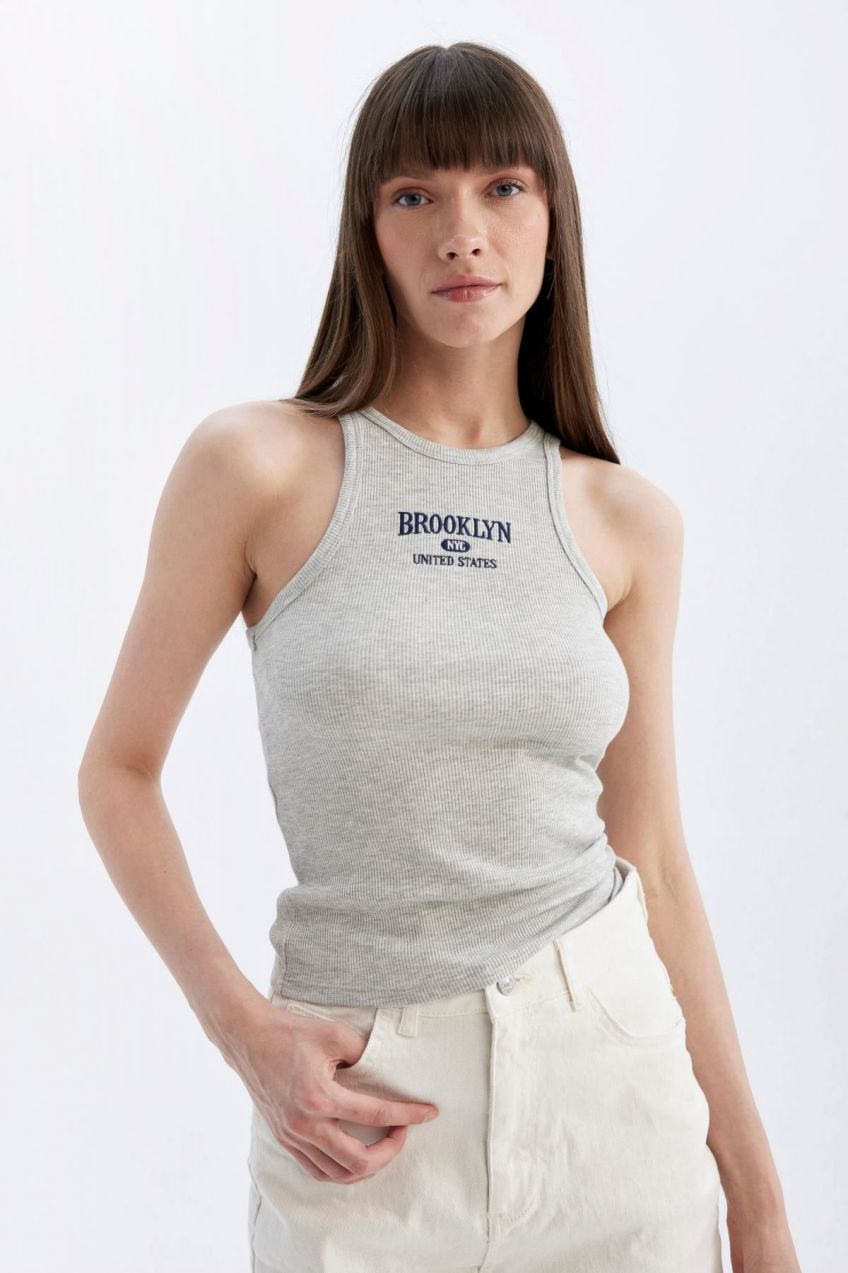 DEFACTO Slim Fit Printed Halter Collar Ribbed Camisole Undershirt