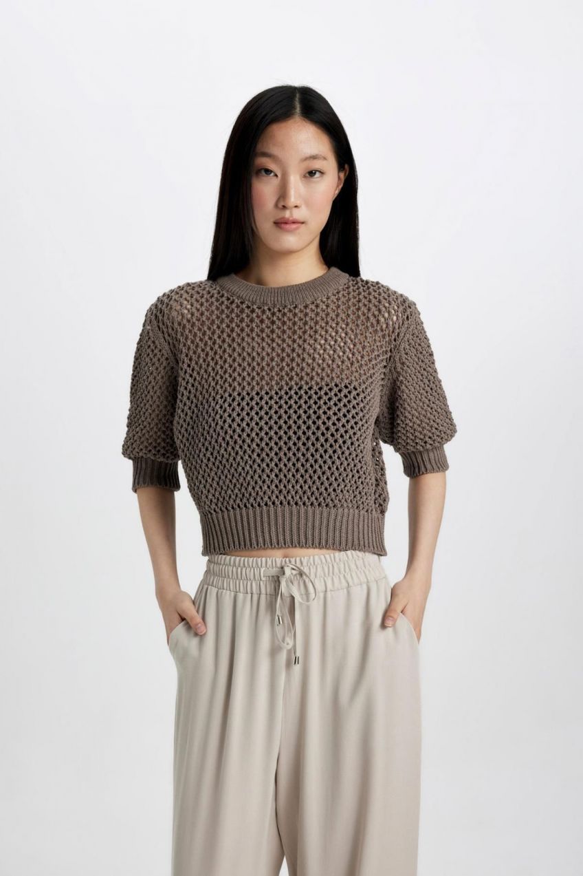 DEFACTO Crew Neck Half Sleeve Crochet Knitted T-Shirt