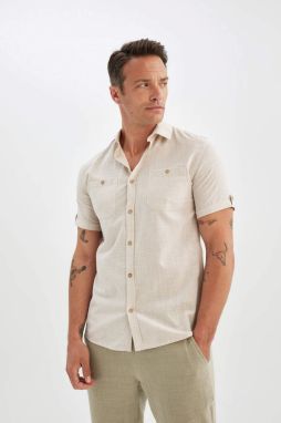 DEFACTO Slim Fit Polo Neck Linen Look Short Sleeve Shirt