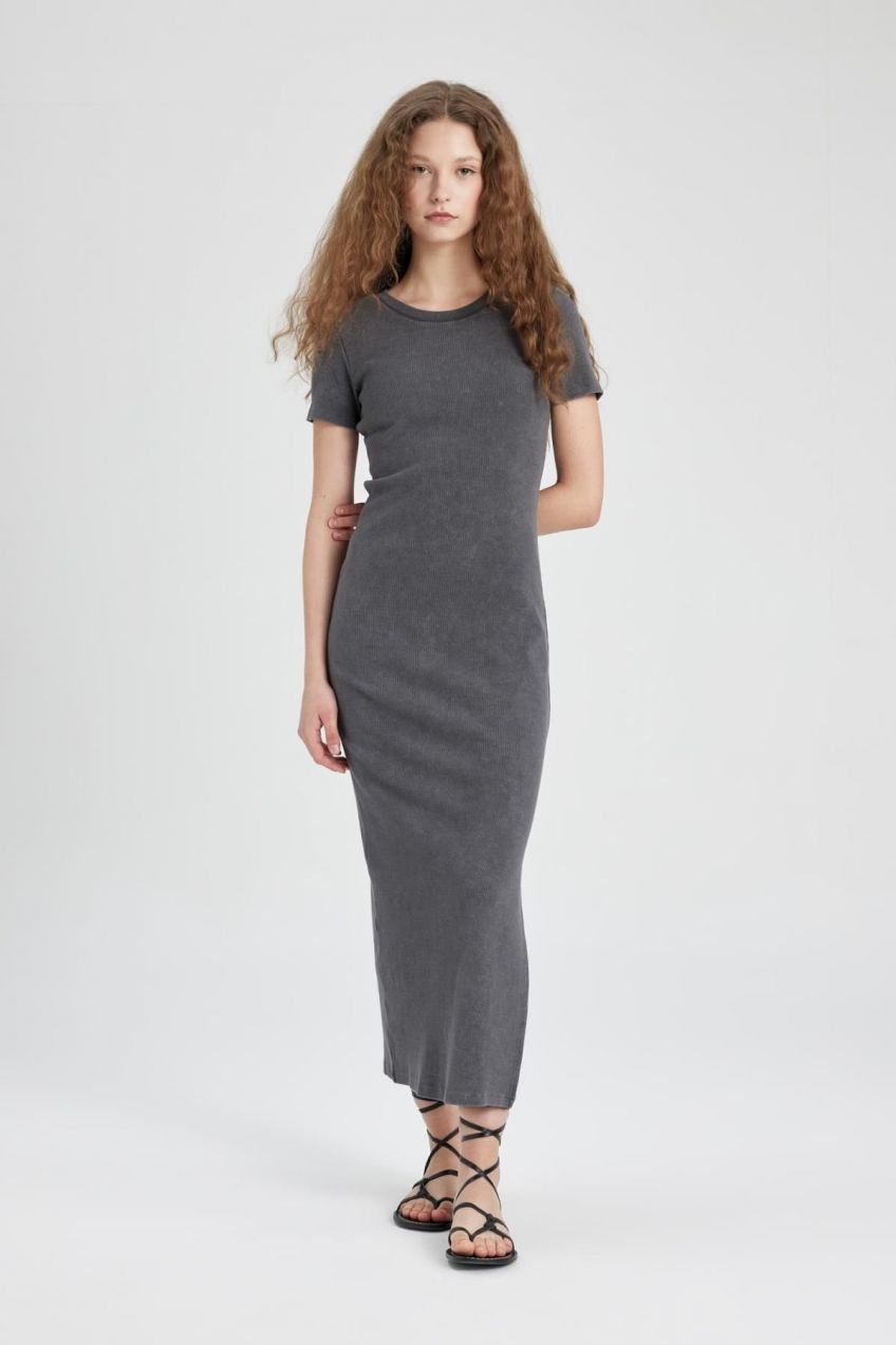 DEFACTO Bodycon Crew Neck Ribbed Camisole Short Sleeve Maxi Dress